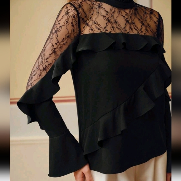 FRILL MOCK NECK LACE YOKE RUFFLE TRIM BLOUSE - Picture 2 of 4